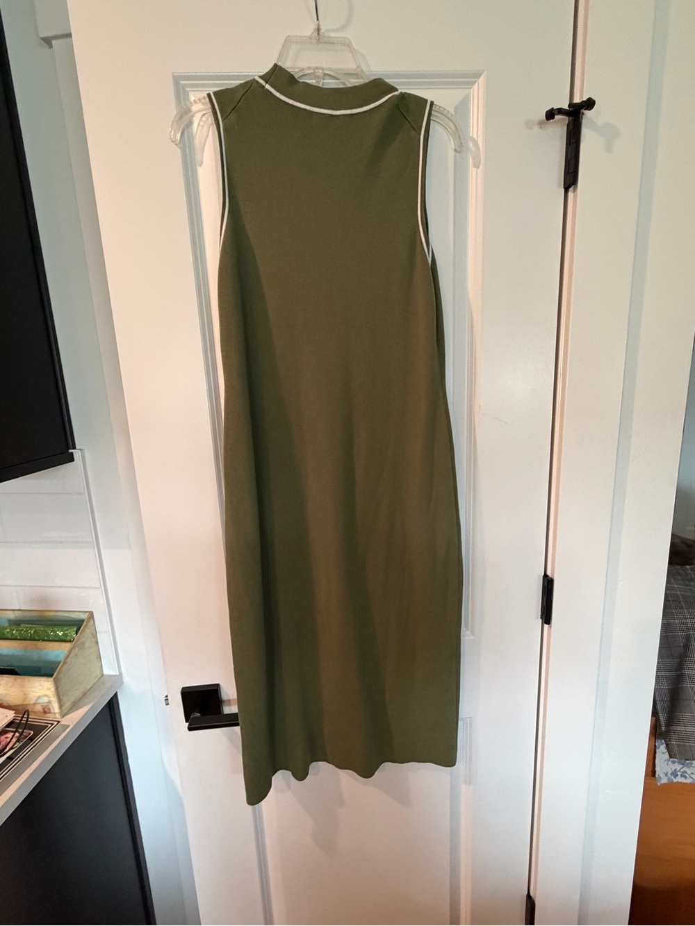 Sleeveless Olive Midi Dress with White Trim - Picture 4 of 4